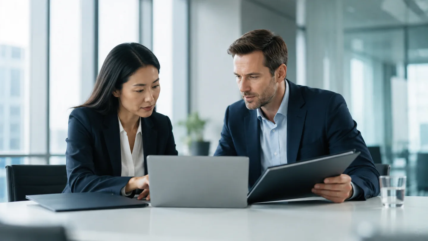 Buyer and coordinator reviewing sourcing information beside a laptop
