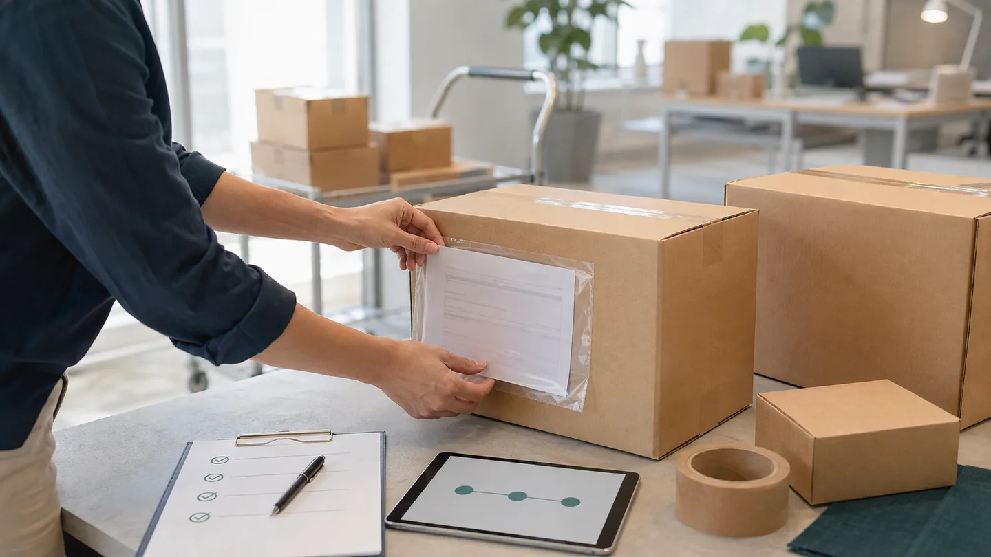 Packaging, labels and delivery documents prepared for handover coordination