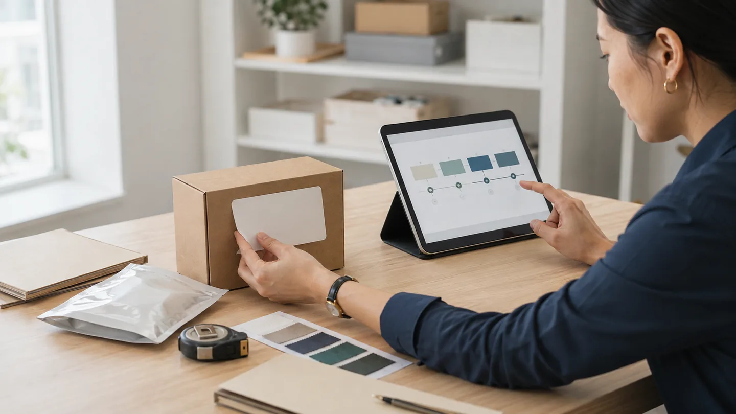 Packaging sample and order milestones reviewed on a tablet