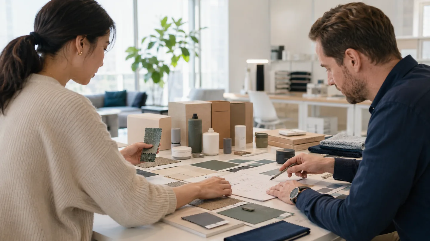 Product samples, finishes and material references arranged for sourcing comparison