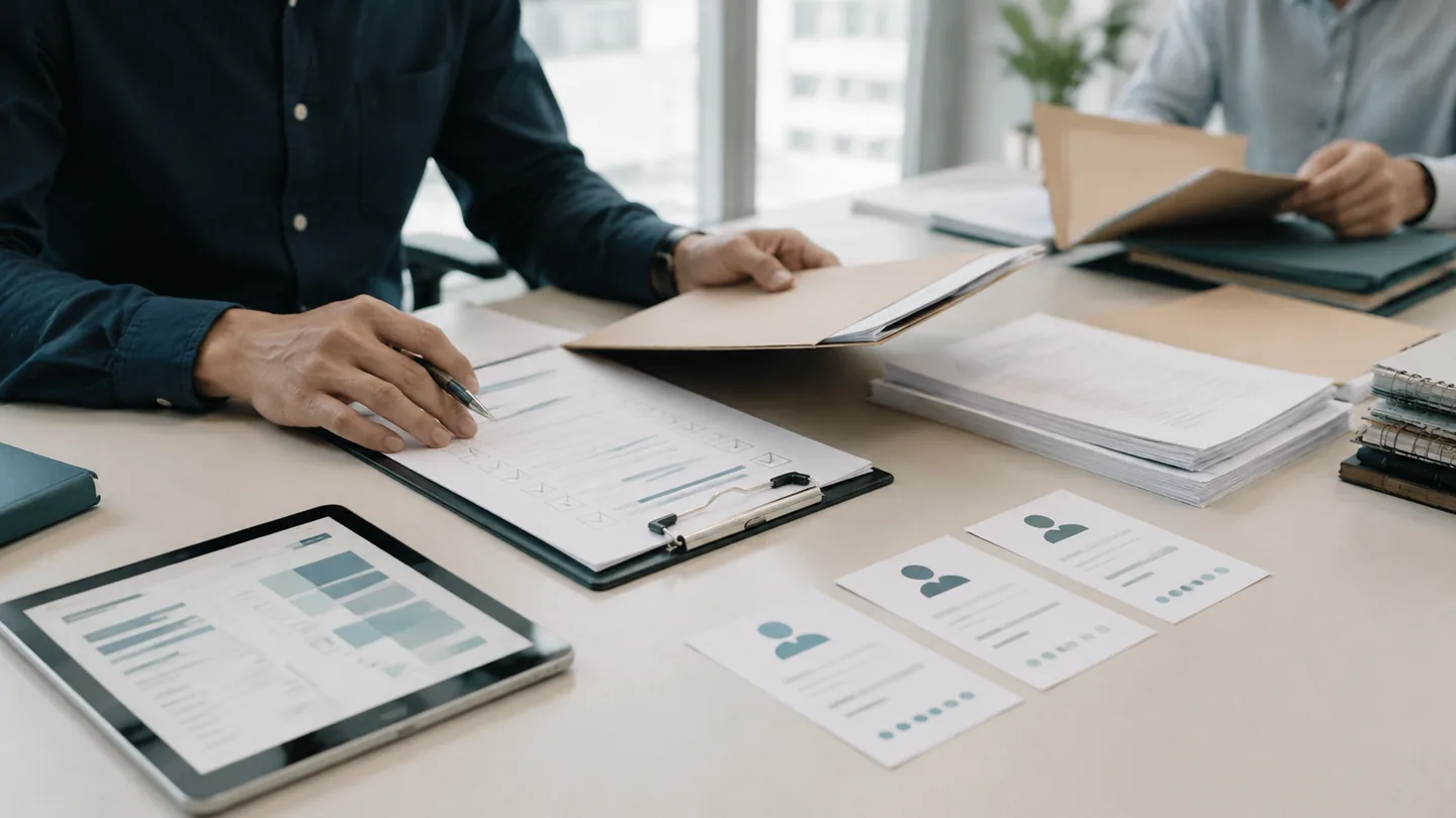 Supplier information and verification documents reviewed beside a tablet